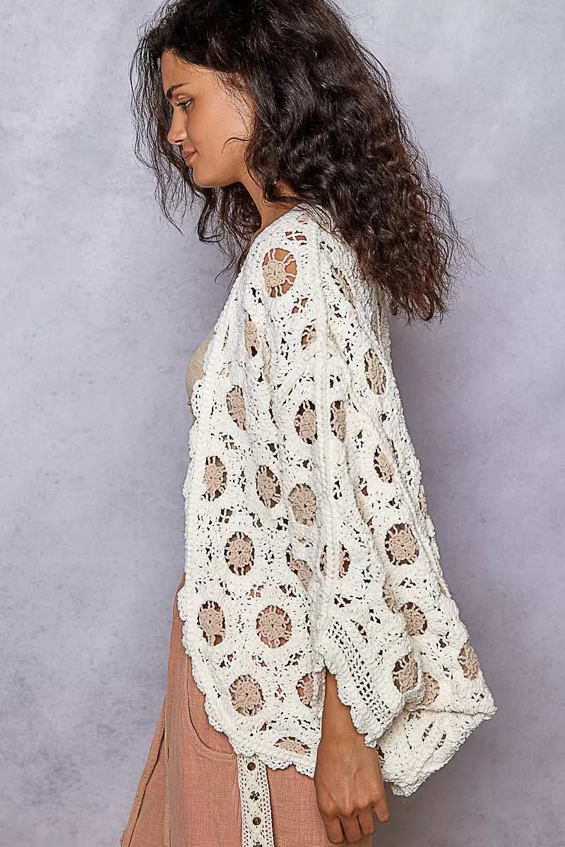 POL Openwork V - Neck Chenille Cardigan with Contrast Floral - Blu Lotus Boutique