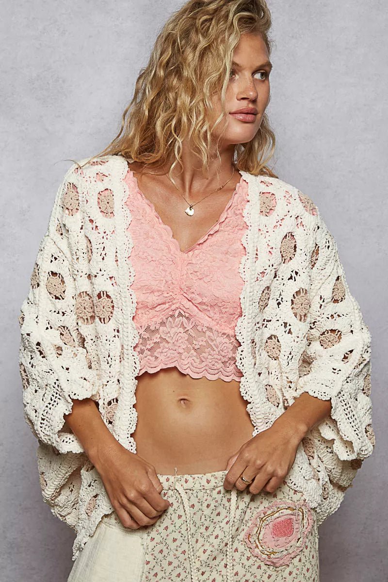 POL Openwork V - Neck Chenille Cardigan with Contrast Floral - Blu Lotus Boutique