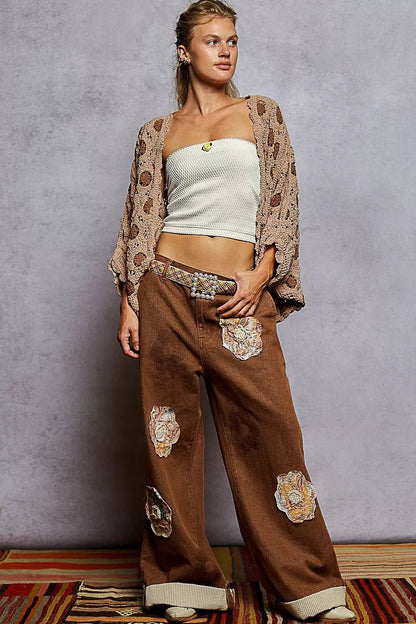 POL Openwork V - Neck Chenille Cardigan with Contrast Floral - Blu Lotus Boutique