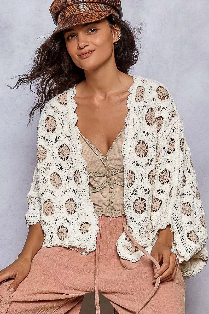 POL Openwork V - Neck Chenille Cardigan with Contrast Floral - Blu Lotus Boutique