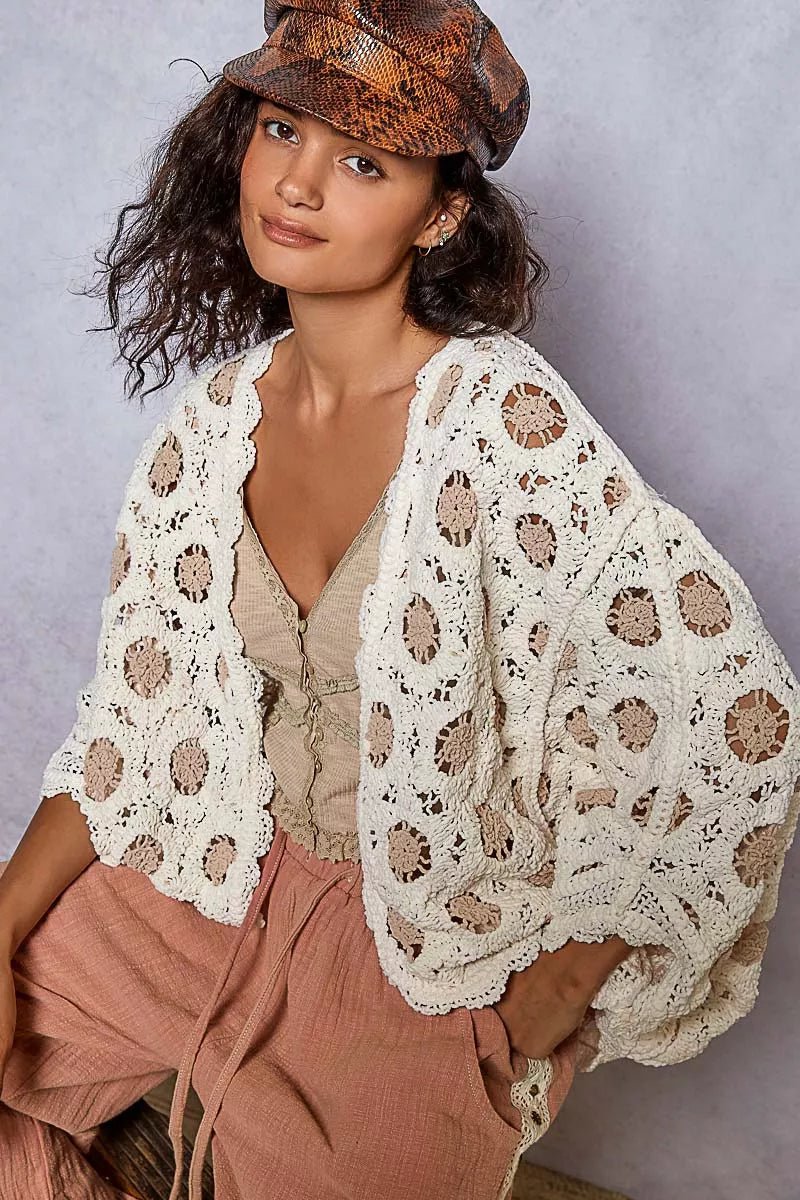 POL Openwork V - Neck Chenille Cardigan with Contrast Floral - Blu Lotus Boutique