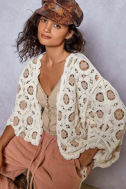 POL Openwork V - Neck Chenille Cardigan with Contrast Floral - Blu Lotus Boutique