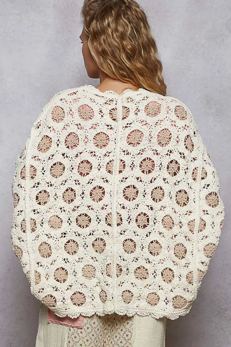 POL Openwork V - Neck Chenille Cardigan with Contrast Floral - Blu Lotus Boutique