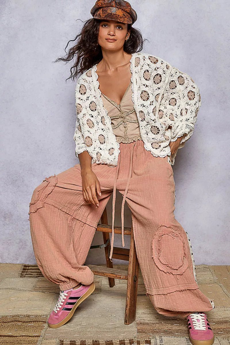 POL Openwork V - Neck Chenille Cardigan with Contrast Floral - Blu Lotus Boutique