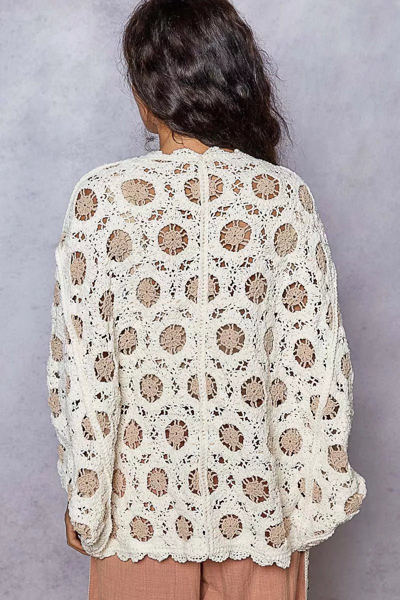 POL Openwork V - Neck Chenille Cardigan with Contrast Floral - Blu Lotus Boutique