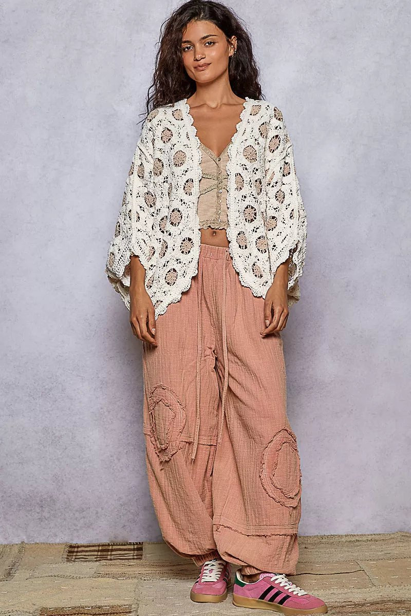 POL Openwork V - Neck Chenille Cardigan with Contrast Floral - Blu Lotus Boutique