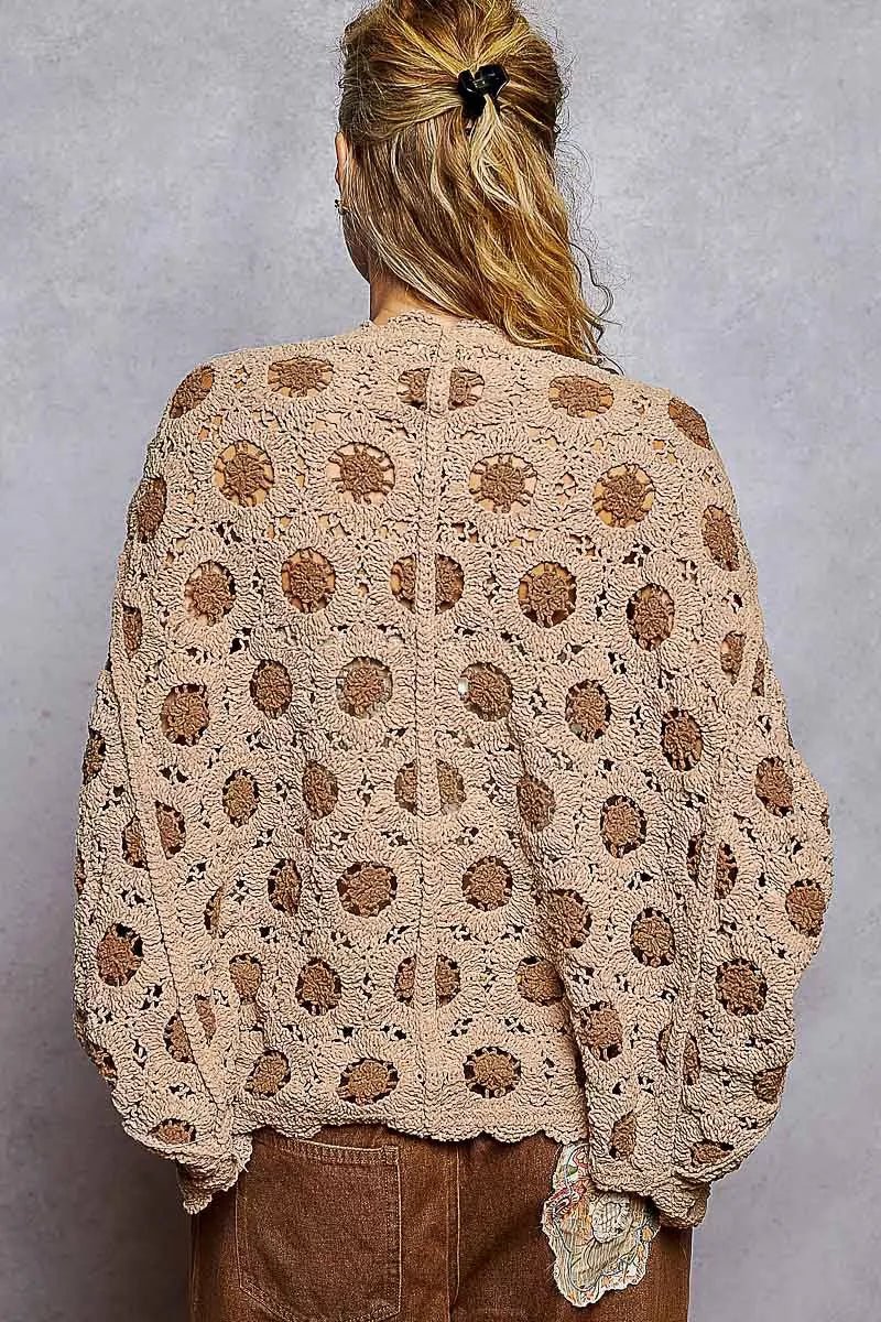 POL Openwork V - Neck Chenille Cardigan with Contrast Floral - Blu Lotus Boutique