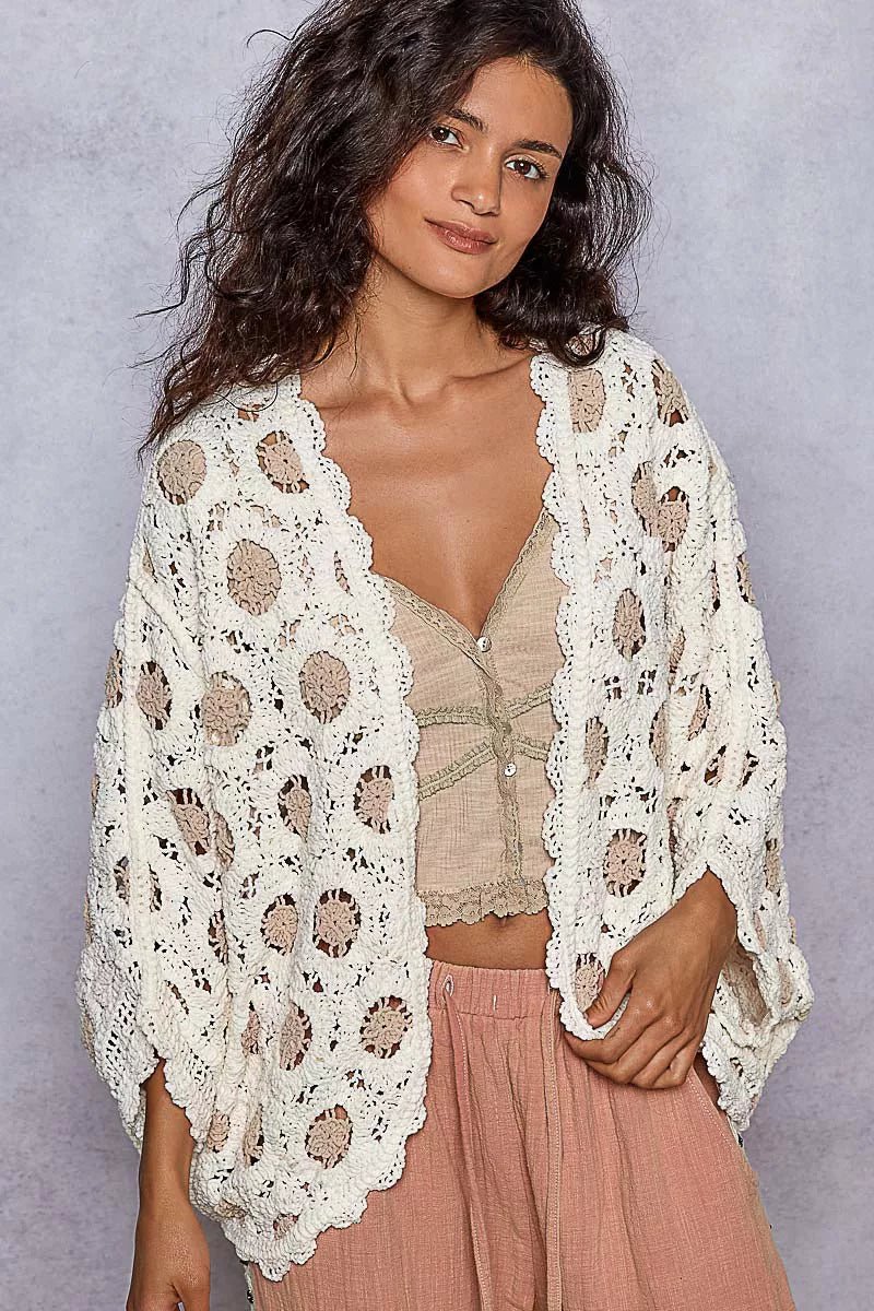 POL Openwork V - Neck Chenille Cardigan with Contrast Floral - Blu Lotus Boutique