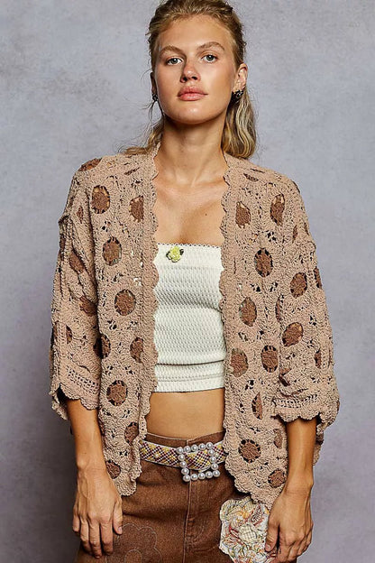 POL Openwork V - Neck Chenille Cardigan with Contrast Floral - Blu Lotus Boutique