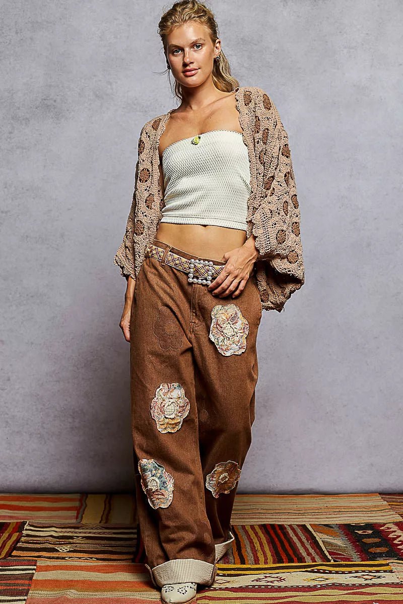 POL Openwork V - Neck Chenille Cardigan with Contrast Floral - Blu Lotus Boutique