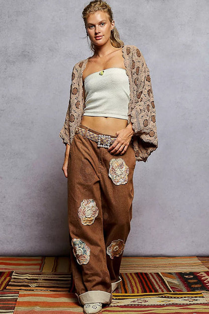 POL Openwork V - Neck Chenille Cardigan with Contrast Floral - Blu Lotus Boutique