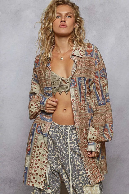POL Printed Button Down Balloon Sleeve Shirt - Blu Lotus Boutique