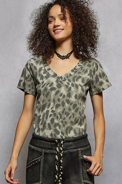 POL Printed V - Neck Short Sleeve T-Shirt - Blu Lotus Boutique