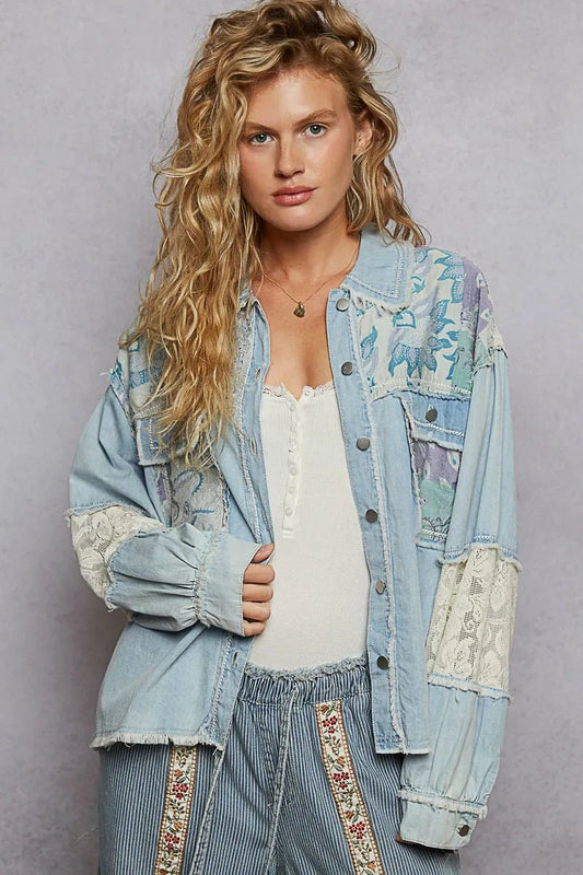 POL Printed Woven Mix Raw Hem Jacket with Lace Detail - Blu Lotus Boutique