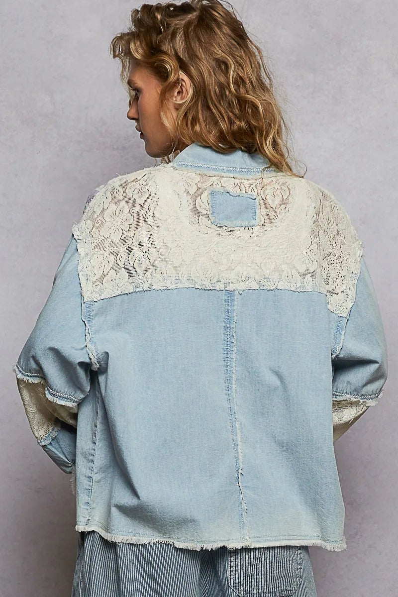 POL Printed Woven Mix Raw Hem Jacket with Lace Detail - Blu Lotus Boutique