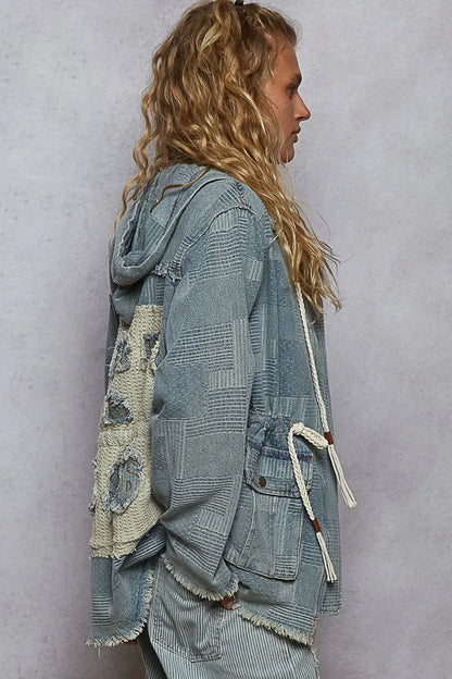 POL Raw Hem Drawstring Zip Up Hooded Denim Jacket - Blu Lotus Boutique