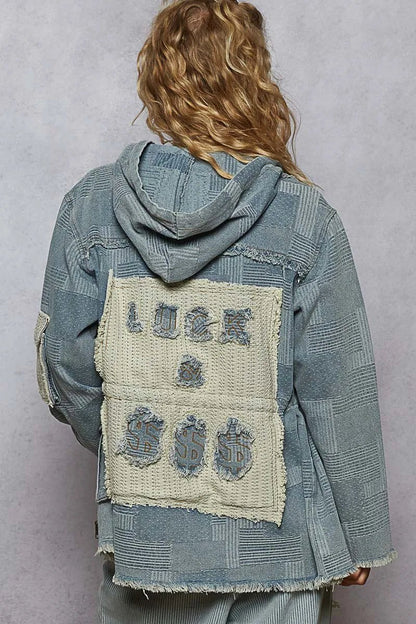 POL Raw Hem Drawstring Zip Up Hooded Denim Jacket - Blu Lotus Boutique