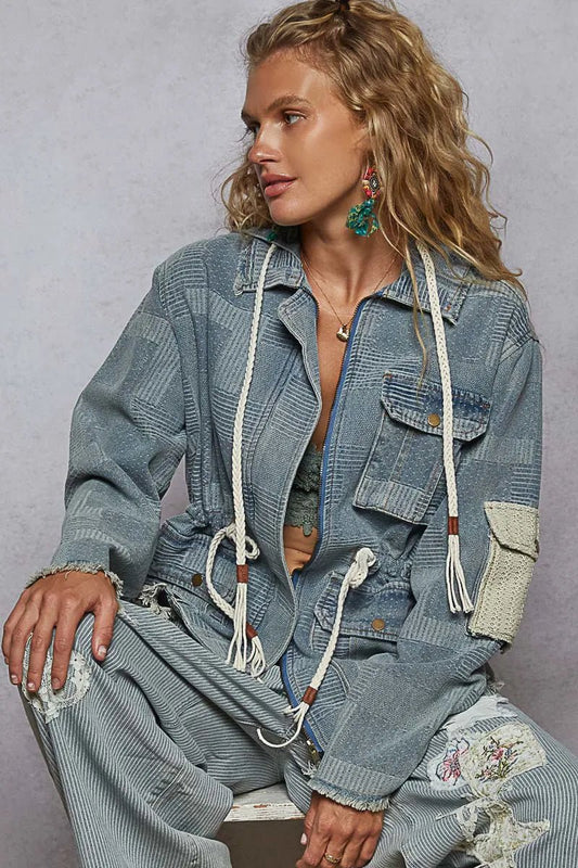 POL Raw Hem Drawstring Zip Up Hooded Denim Jacket - Blu Lotus Boutique