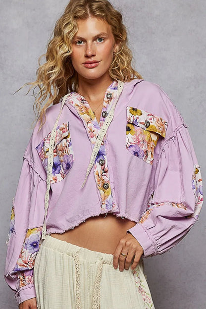 POL Raw Hem Floral Print Cropped Hooded Jacket - Blu Lotus Boutique