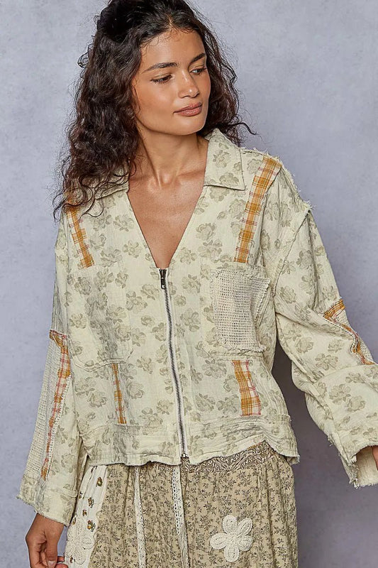 POL Raw Hem Zip Up Floral Jacket with Plaid and Crochet Patch - Blu Lotus Boutique