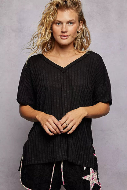 POL Ribbed Knit V - Neck Short Sleeve T-Shirt - Blu Lotus Boutique