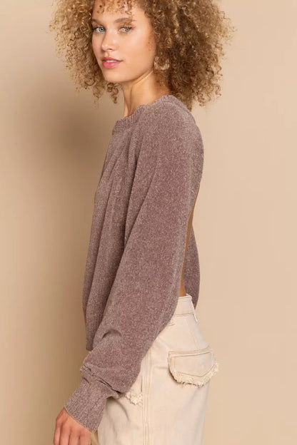 POL Round Neck Backless Sweater with Ribbed Edge - Blu Lotus Boutique
