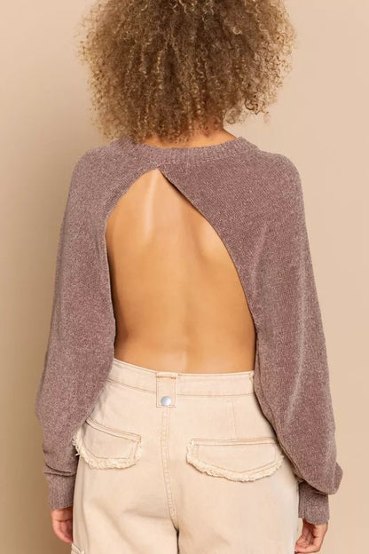 POL Round Neck Backless Sweater with Ribbed Edge - Blu Lotus Boutique