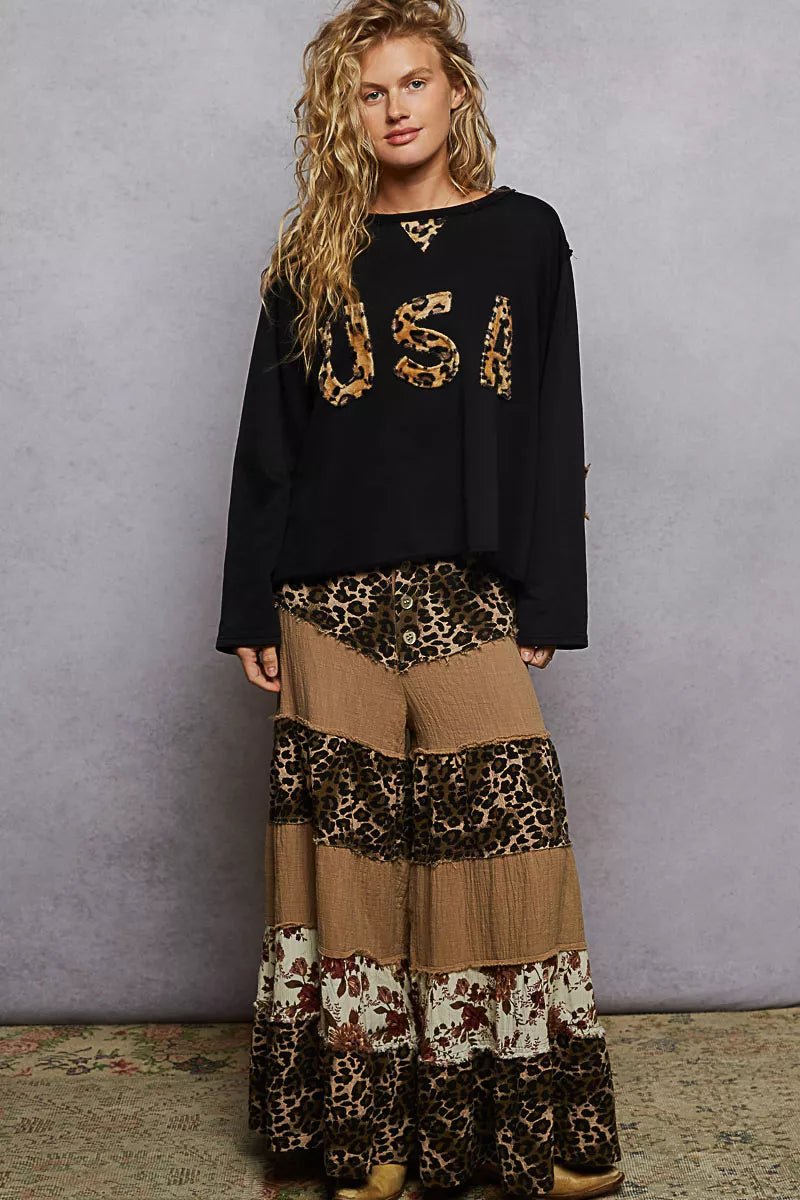 POL Round Neck Long Sleeve French Terry Sweatshirt with USA Letter Animal Patch - Blu Lotus Boutique