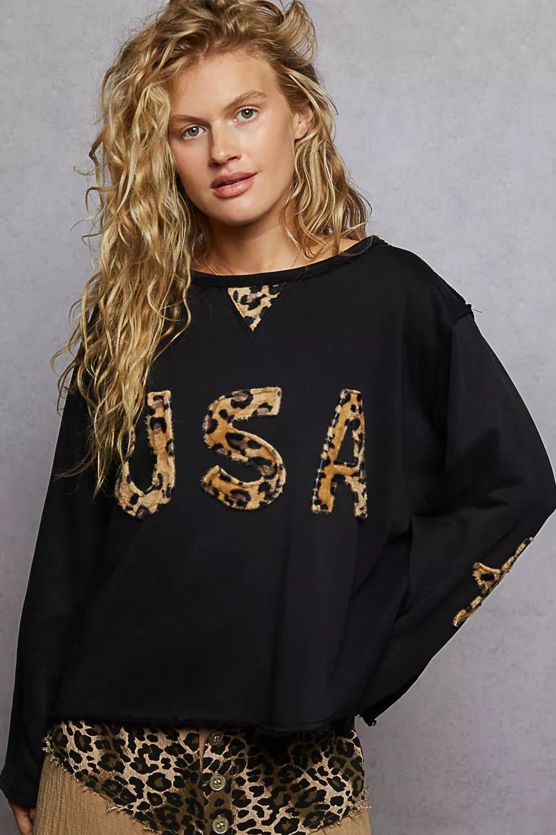 POL Round Neck Long Sleeve French Terry Sweatshirt with USA Letter Animal Patch - Blu Lotus Boutique
