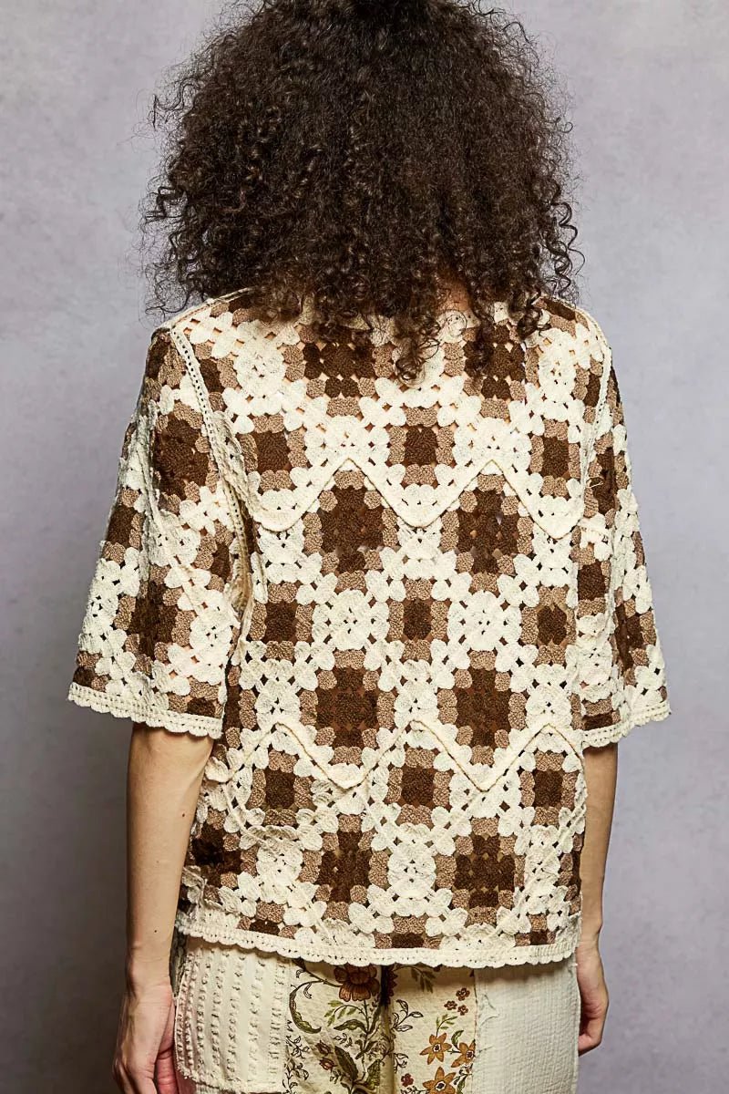 POL Round Neck Short Sleeve Color Pattern Crochet Top with Border Accents - Blu Lotus Boutique