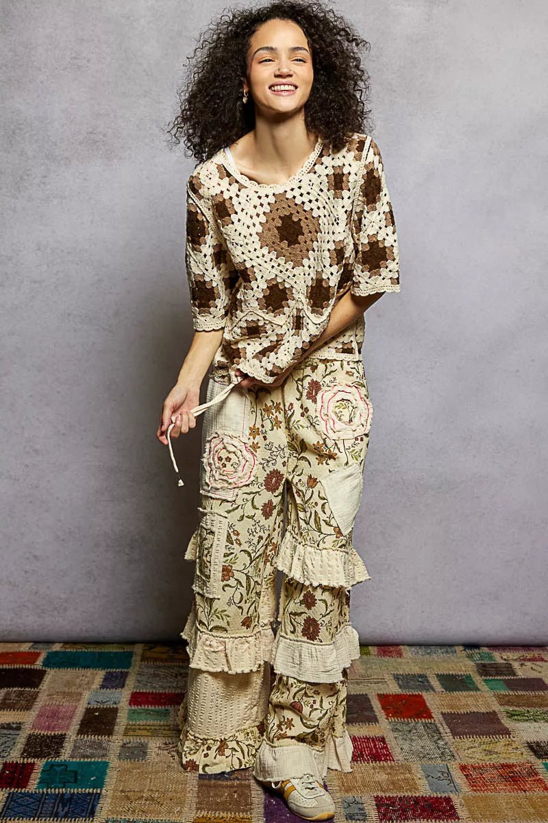 POL Round Neck Short Sleeve Color Pattern Crochet Top with Border Accents - Blu Lotus Boutique