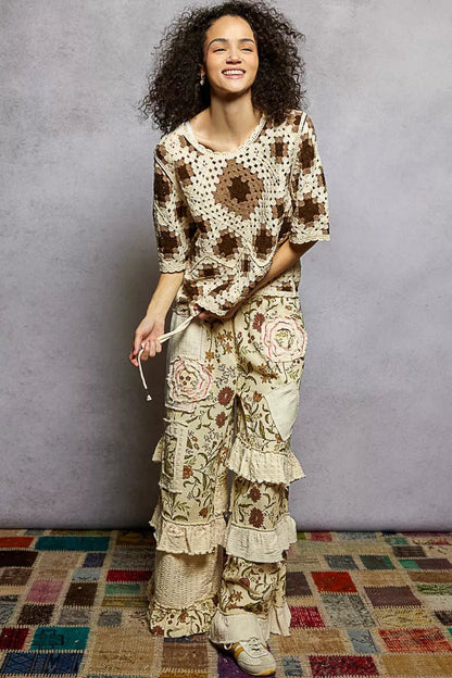 POL Round Neck Short Sleeve Color Pattern Crochet Top with Border Accents - Blu Lotus Boutique