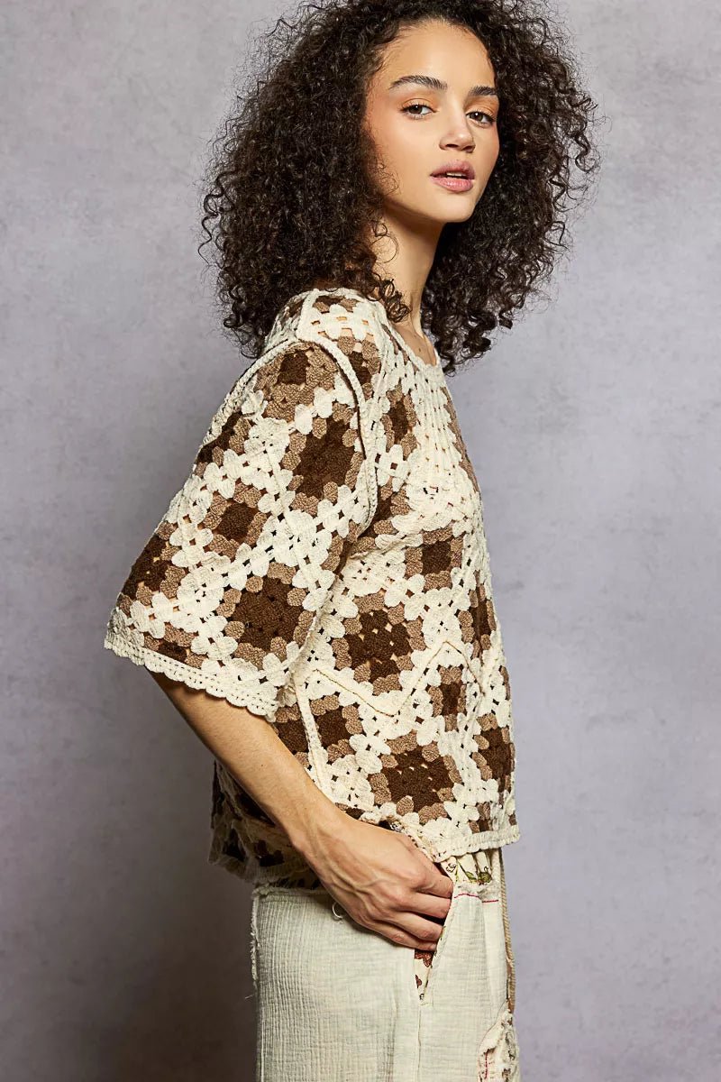 POL Round Neck Short Sleeve Color Pattern Crochet Top with Border Accents - Blu Lotus Boutique