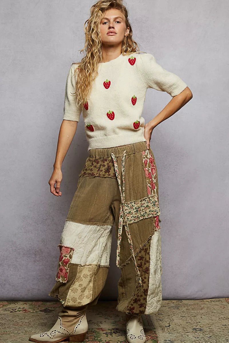 POL Round Neck Strawberry Patch Sweater with Shirring Shoulder - Blu Lotus Boutique