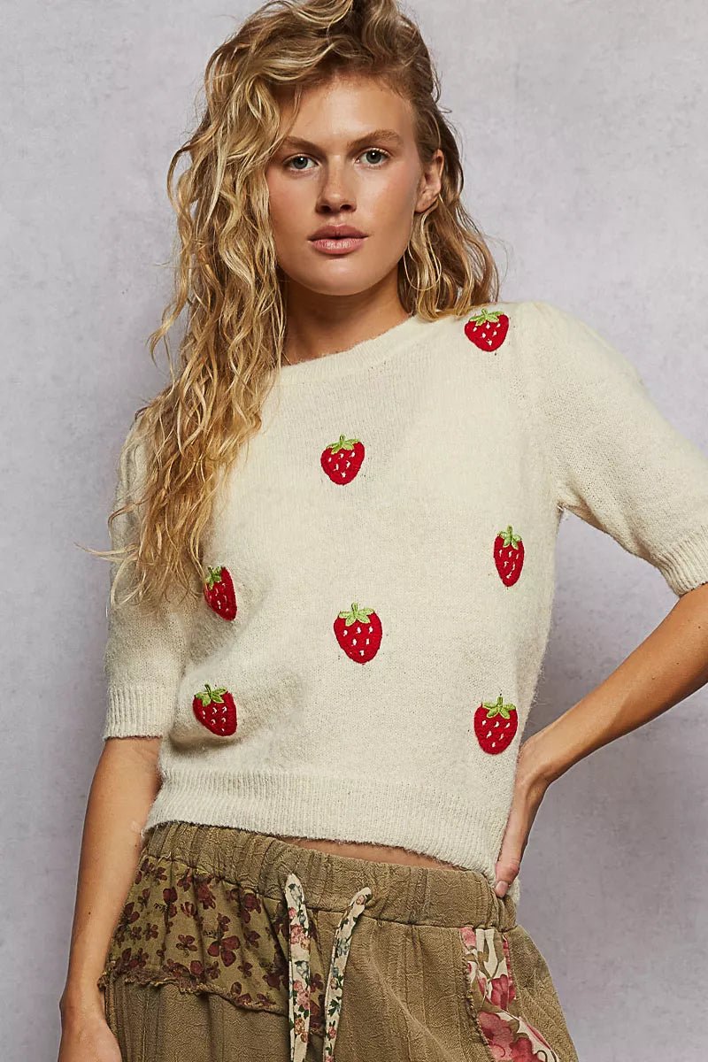 POL Round Neck Strawberry Patch Sweater with Shirring Shoulder - Blu Lotus Boutique