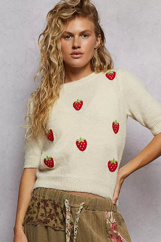 POL Round Neck Strawberry Patch Sweater with Shirring Shoulder - Blu Lotus Boutique