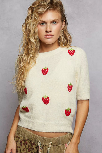 POL Round Neck Strawberry Patch Sweater with Shirring Shoulder - Blu Lotus Boutique