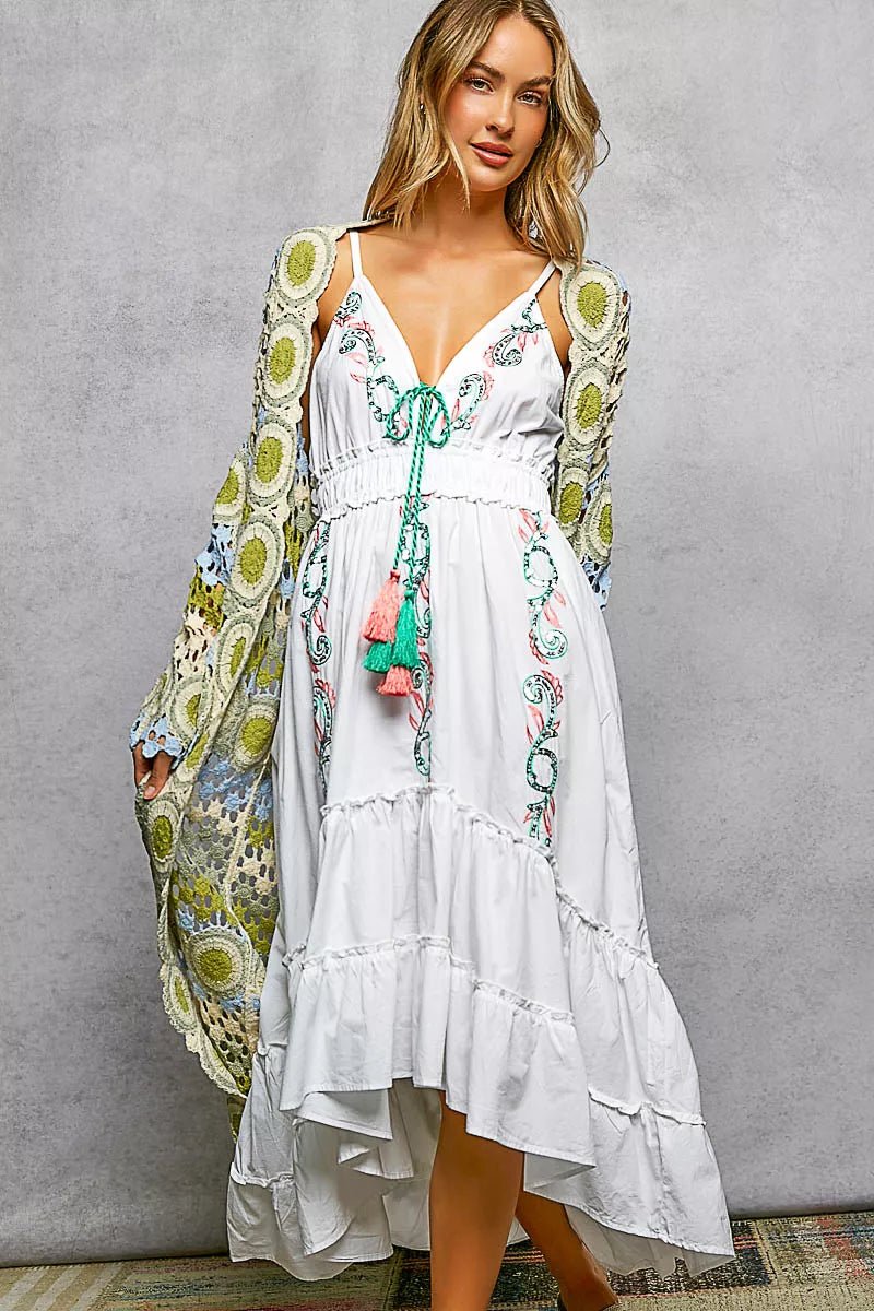 POL Scalloped Edge Open Front Crochet Cardigan with Colorful Stripe Pattern - Blu Lotus Boutique