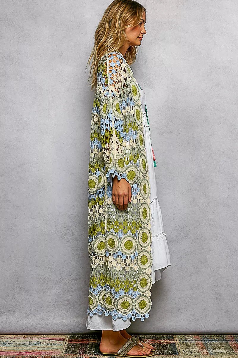 POL Scalloped Edge Open Front Crochet Cardigan with Colorful Stripe Pattern - Blu Lotus Boutique