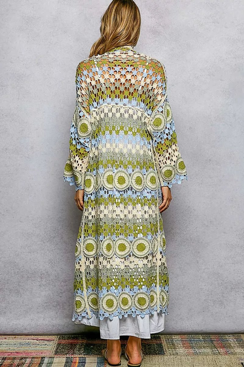 POL Scalloped Edge Open Front Crochet Cardigan with Colorful Stripe Pattern - Blu Lotus Boutique