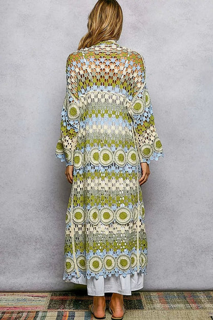 POL Scalloped Edge Open Front Crochet Cardigan with Colorful Stripe Pattern - Blu Lotus Boutique