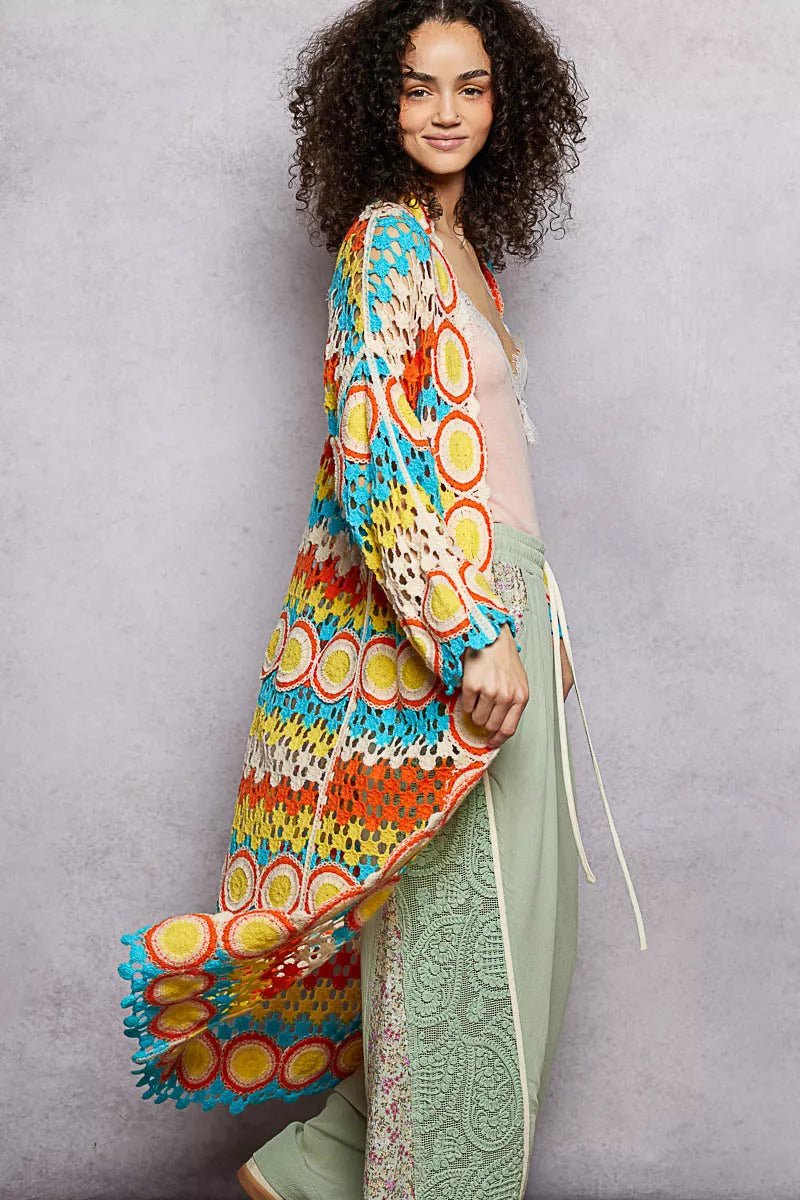 POL Scalloped Edge Open Front Crochet Cardigan with Colorful Stripe Pattern - Blu Lotus Boutique