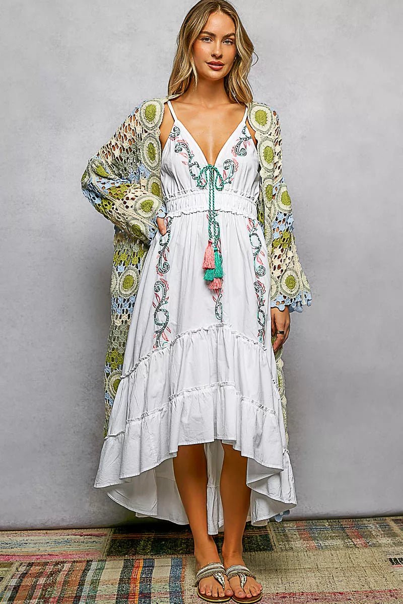 POL Scalloped Edge Open Front Crochet Cardigan with Colorful Stripe Pattern - Blu Lotus Boutique