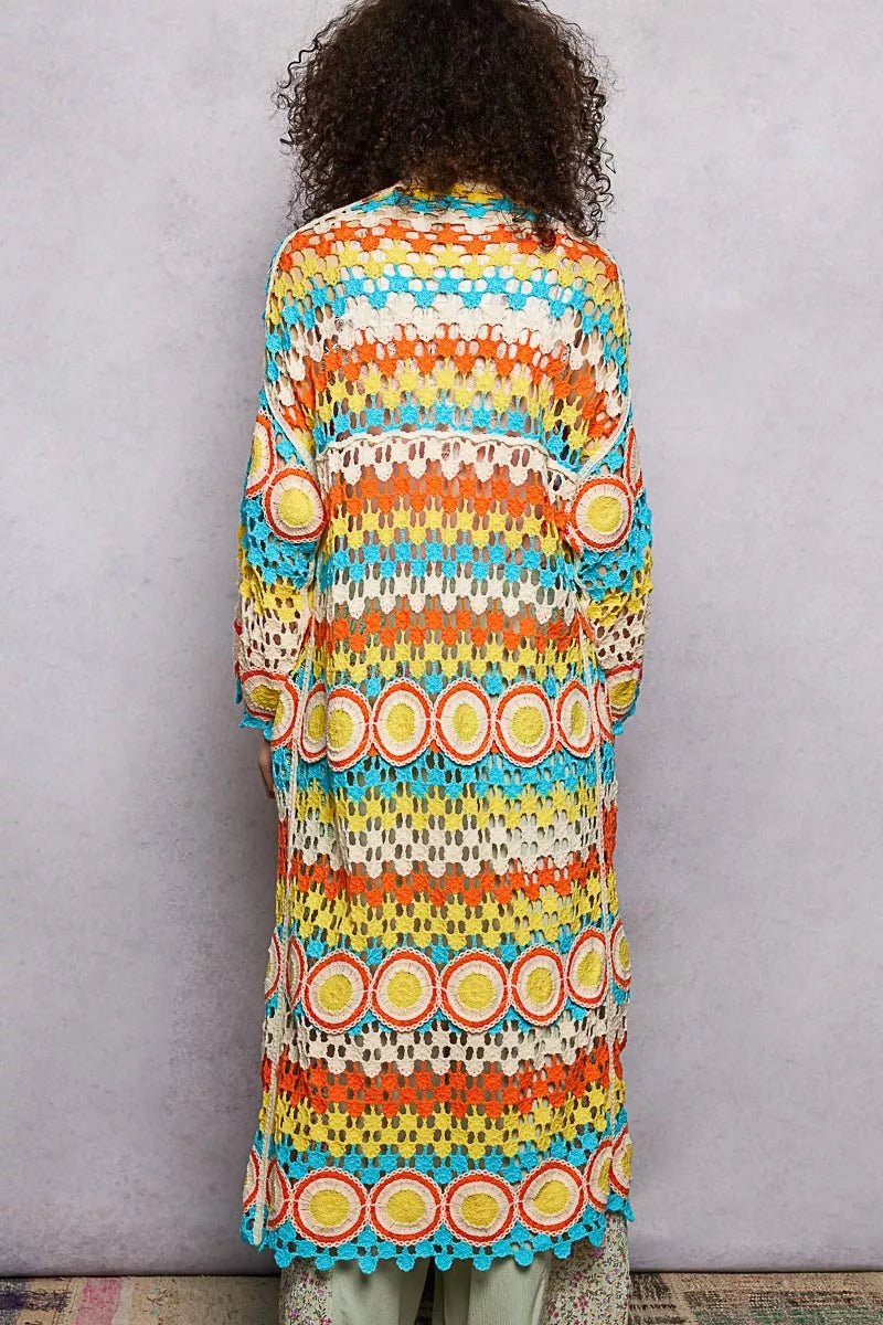 POL Scalloped Edge Open Front Crochet Cardigan with Colorful Stripe Pattern - Blu Lotus Boutique