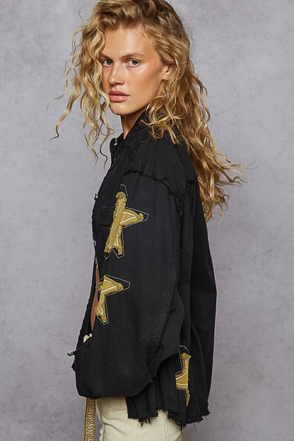 POL Star Patch Raw Hem Button Up Denim Jacket - Blu Lotus Boutique