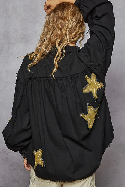 POL Star Patch Raw Hem Button Up Denim Jacket - Blu Lotus Boutique