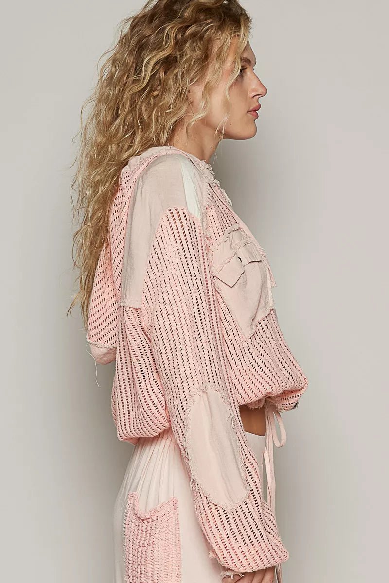 POL Texture Woven Button Down Hooded Shirt with Drawstring Hem - Blu Lotus Boutique