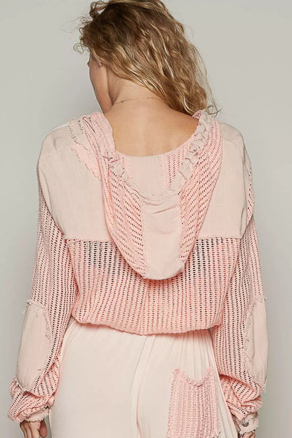 POL Texture Woven Button Down Hooded Shirt with Drawstring Hem - Blu Lotus Boutique
