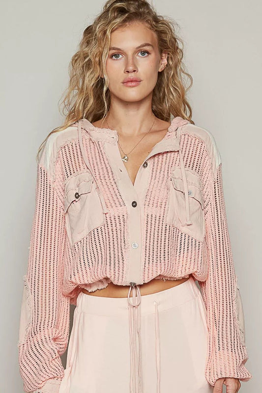 POL Texture Woven Button Down Hooded Shirt with Drawstring Hem - Blu Lotus Boutique