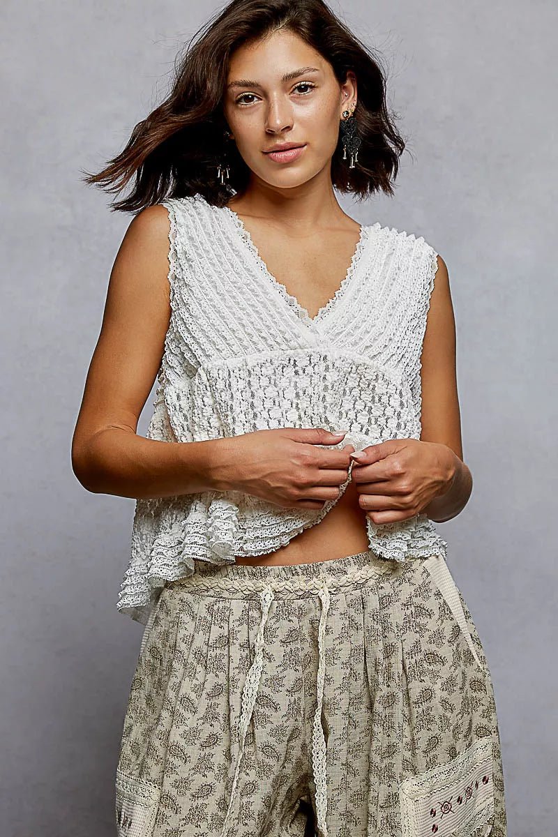 POL Textured Lace Cropped Tank with Trim Detail - Blu Lotus Boutique